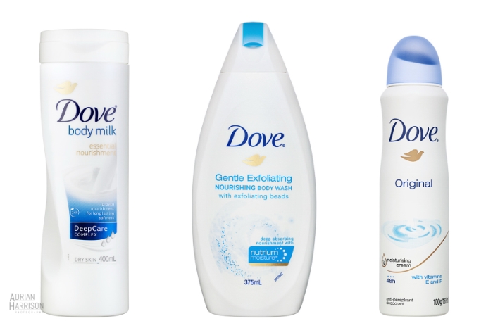 GS1 photography of FMCG grocery items on a white background. Plunge position (no elevation) front image for Dove products.