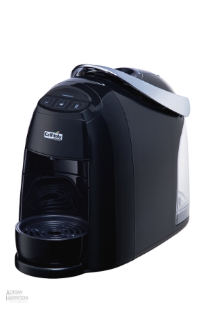 Electronics goods product photography example - showing a black coffee machine photographed on a white background.