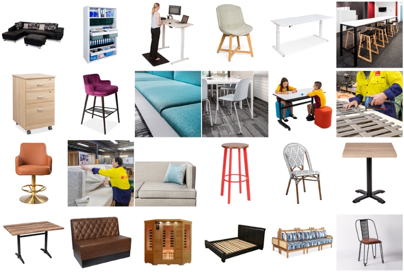 Collage of different furniture photography insitu and on a white background. Photo includes beds, chairs, desks, lounges, couches, office furniture and people using furniture.