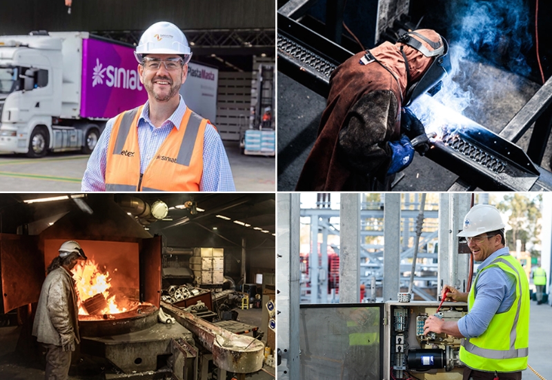 Collage of Sydney industrial photographer Adrian Harrison's photography. Shows construction projects, people and workers in action.