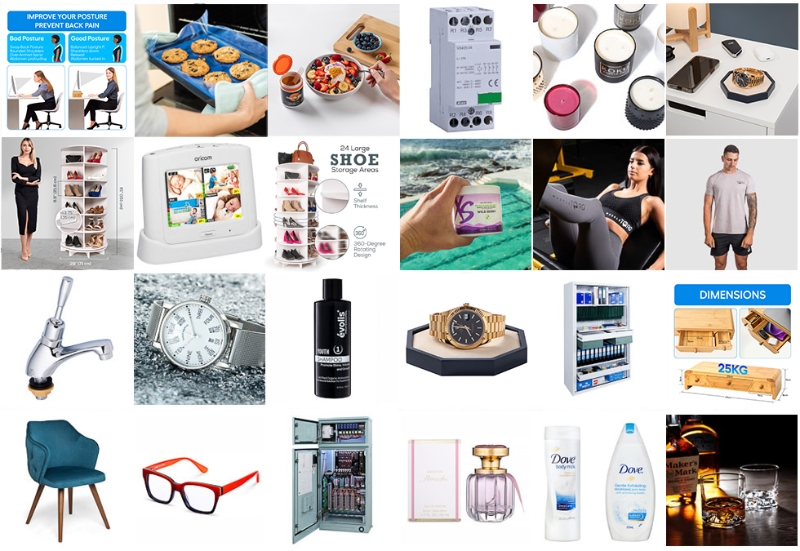 Banner showing Amazon Product Photography services example images. Includes products such as jewellery, watches, homewares, electronic goods, clothing, sporting goods.