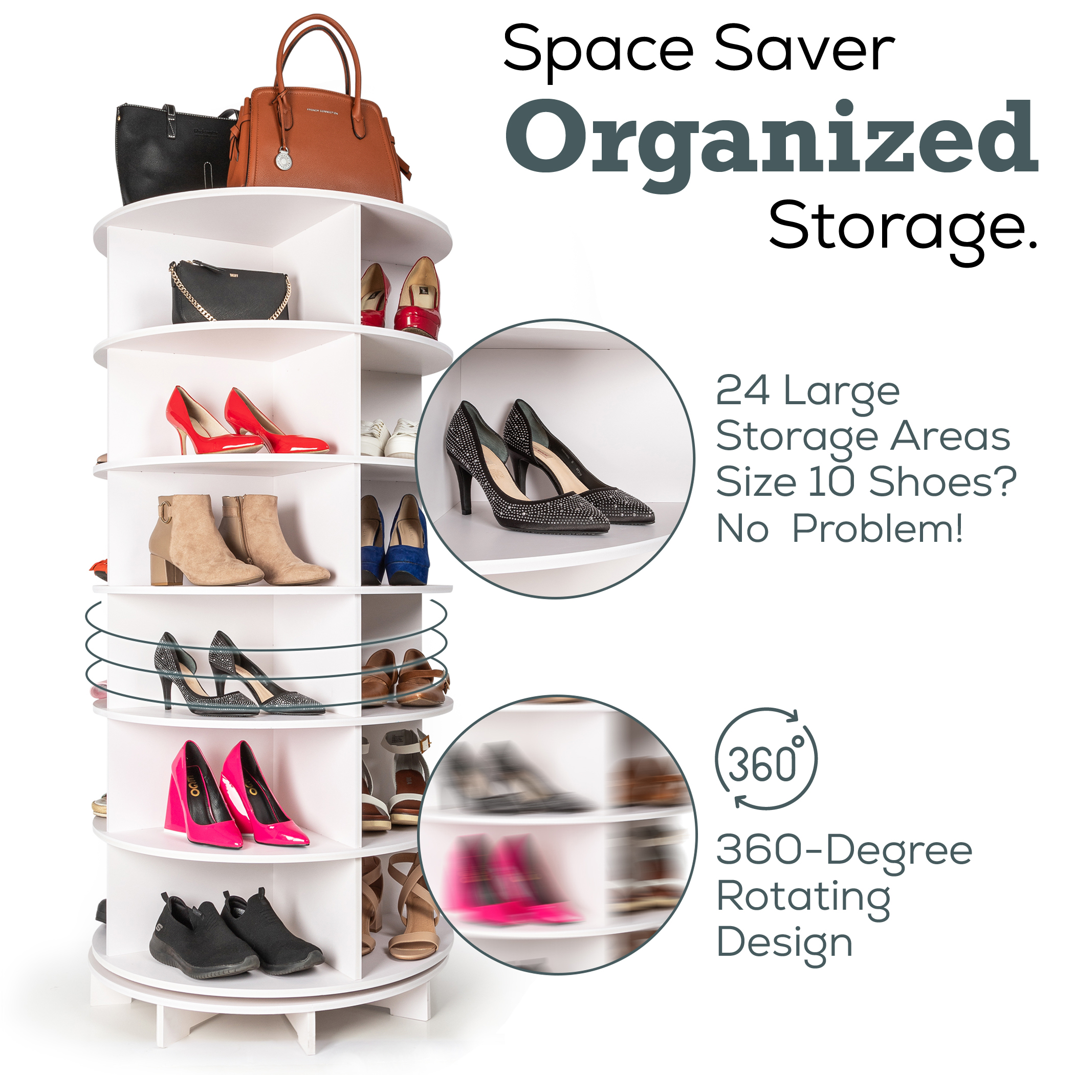 Example of an infographic for our Amazon infographic design service in Sydney. Shows a shoe rack with shoes on it and handbags as well as text and graphics on the image.