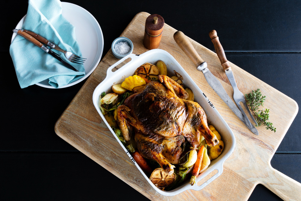 Black skin roasted chicken by food stylists in Sydney and Photographer.