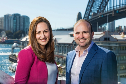 Business portraits by our photographers in Sydney. Image shoes businessman and business lady with Sydney Harbour Bridge in background.